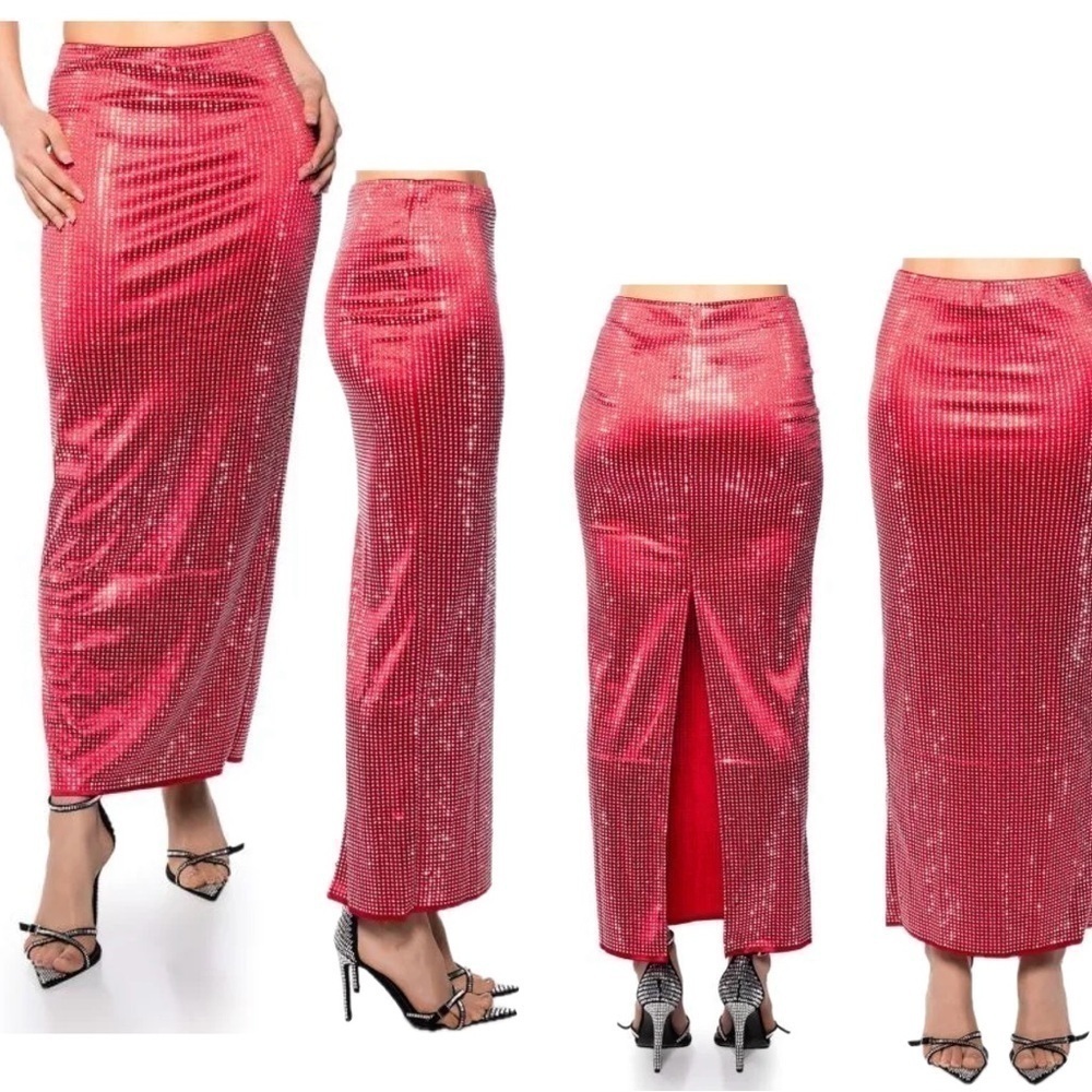 AKIRA Decision Maker Rhinestone Embellished Diamante Sparkly Maxi Skirt in Red L